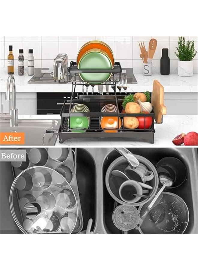 HOOKOR Dish Rack Dish Drying Stand With Drainer, 2 Tiers Large Kitchen Dish Rack with Removable Utensil Holder and Cup Holder, Stainless Steel Kitchen Dish Drainer Dish Drying Rack Black Dish Stand - Image 3