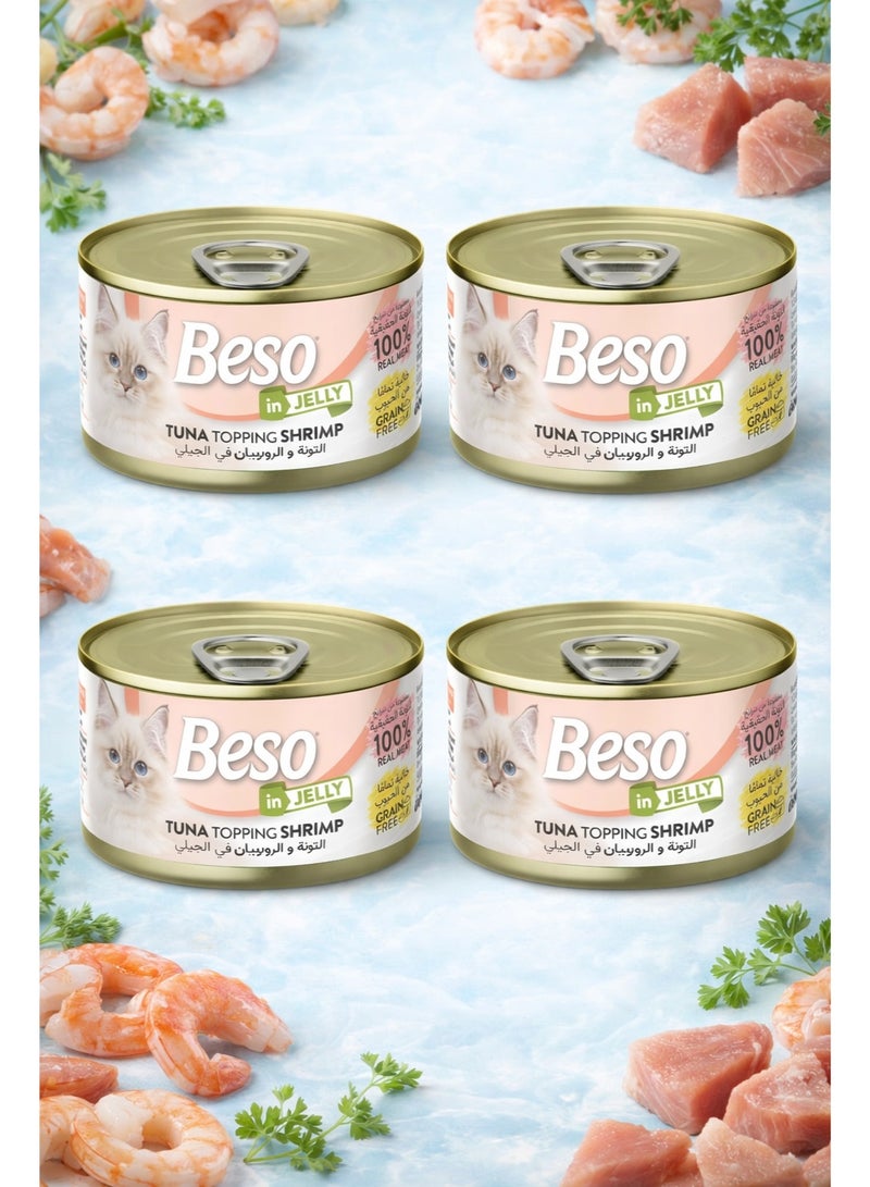 Tuna Topping Shrimp in Jelly Premium Wet Cat Food Canned Meal, 100% Real Meat Grain Free Recipe for Adult Cats, High Protein Seafood Feast Made in Italy