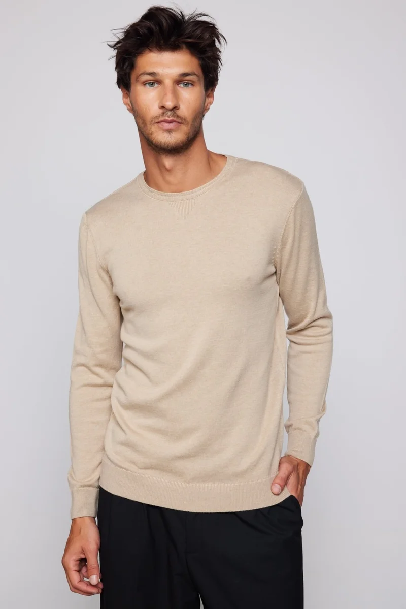 تودورس Slim Fit Crew Neck Stone Color Men's Sweater