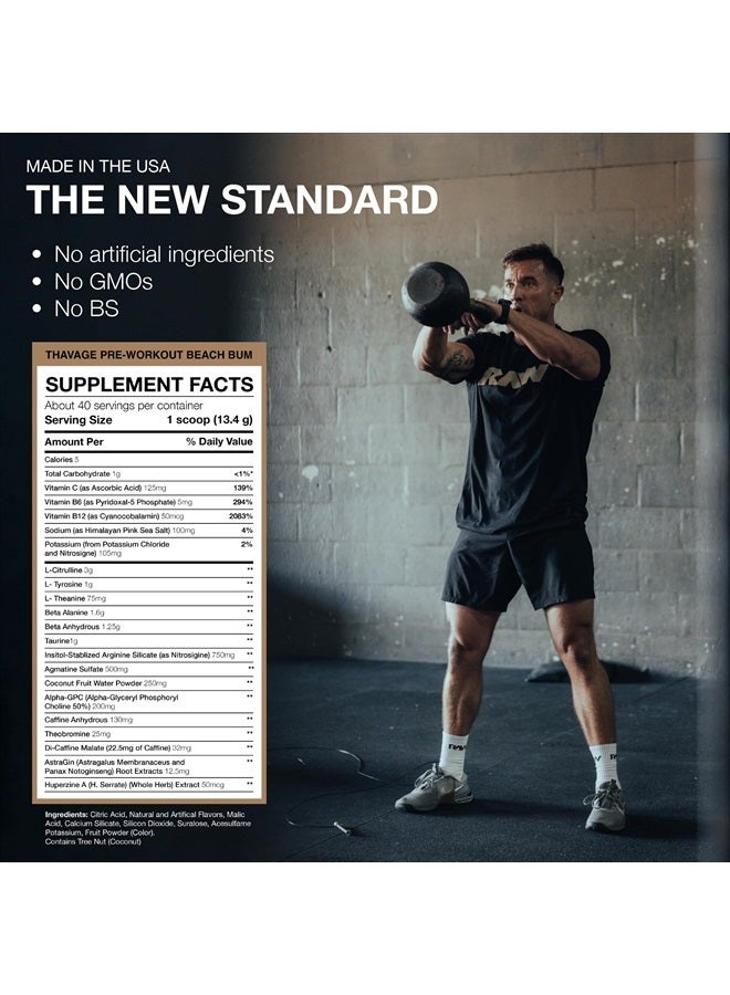 Raw مسحوق ما قبل التمرين، ثافاج (بيتش بوم) - مكمل غذائي رياضي كريس بومستيد للرجال والنساء - سيبوم ما قبل التمرين للتمرين، الترطيب، التركيز الذهني والطاقة - 40 حصة - Image 4