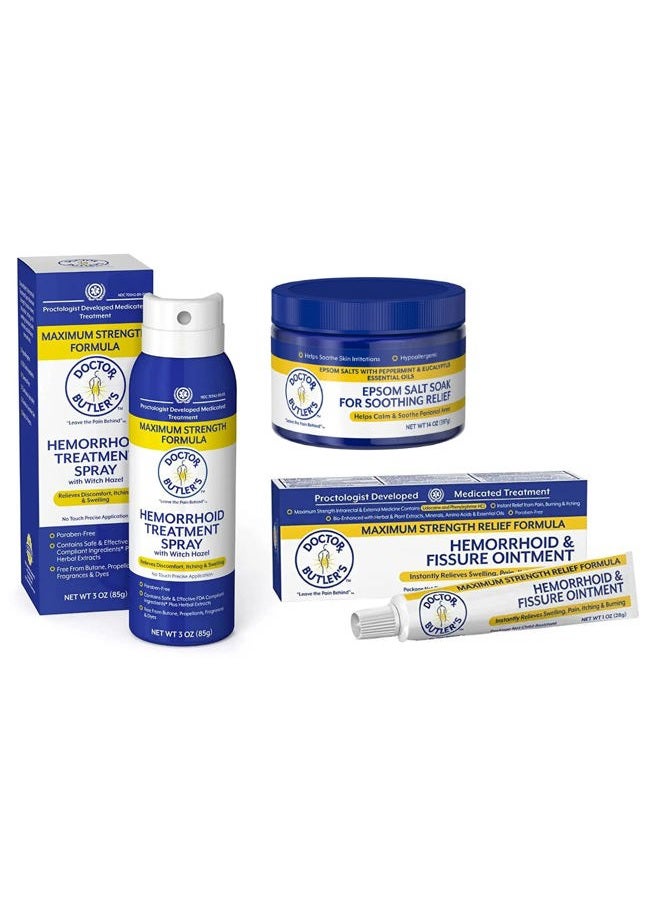 Doctor Butler's Hemorrhoid Treatment Bundle - Includes Hemorrhoid & Fissure Ointment with Lidocaine, Hemorrhoid Spray with Witch Hazel, and Epsom Bath Salts to Help Reduce Irritation - Image 1