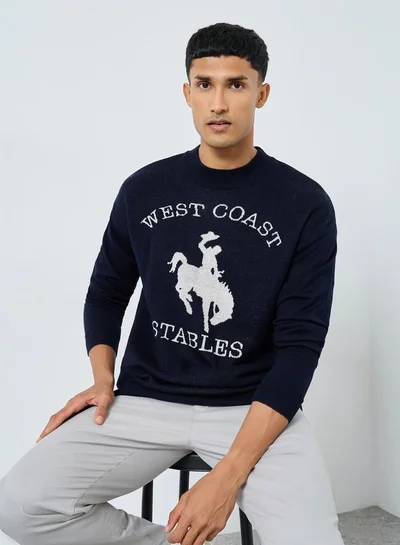 Styli Men Navy Blue Flat Knit Relaxed Sweater