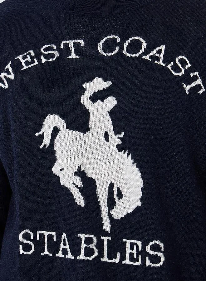 Styli Men Navy Blue Flat Knit Relaxed Sweater