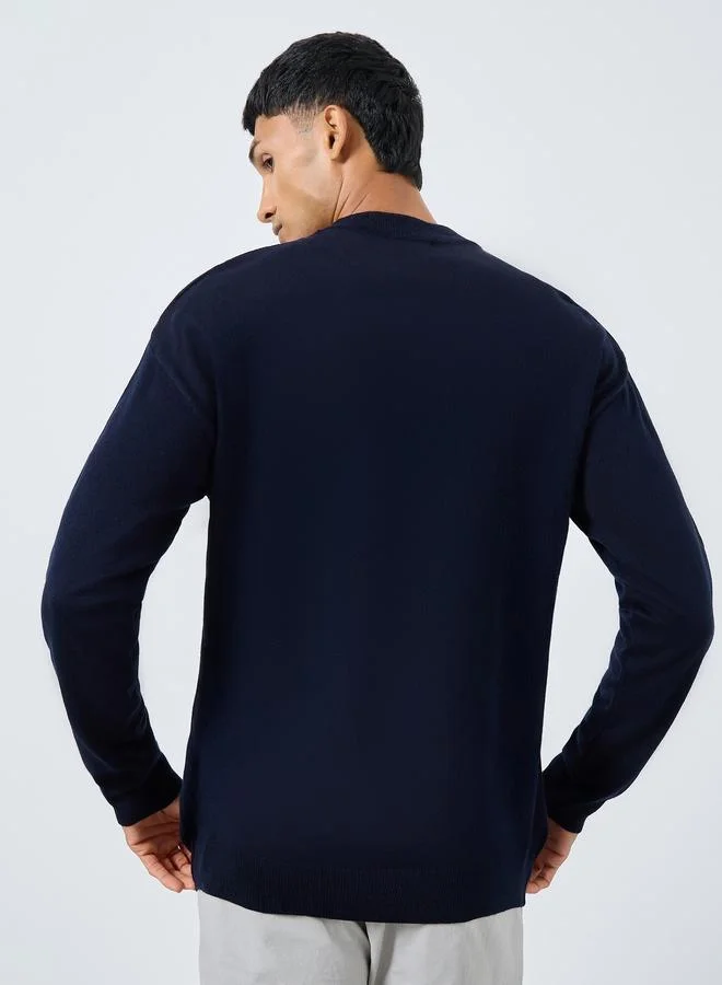 Styli Men Navy Blue Flat Knit Relaxed Sweater