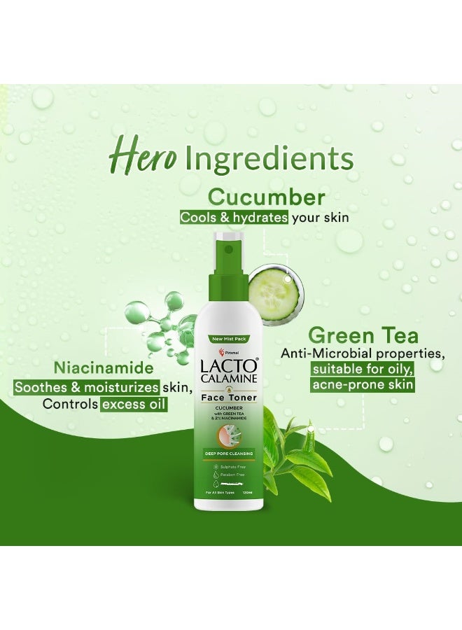 Lacto Calamine Face Toner With Cucumber | 120ml Each-pack of 2 | Deep Pore Cleansing | Open Pores Tightening with Green Tea & 2% Niacinamide For Cool & Hydrated Skin | No Sulphate & Parabens - Image 3