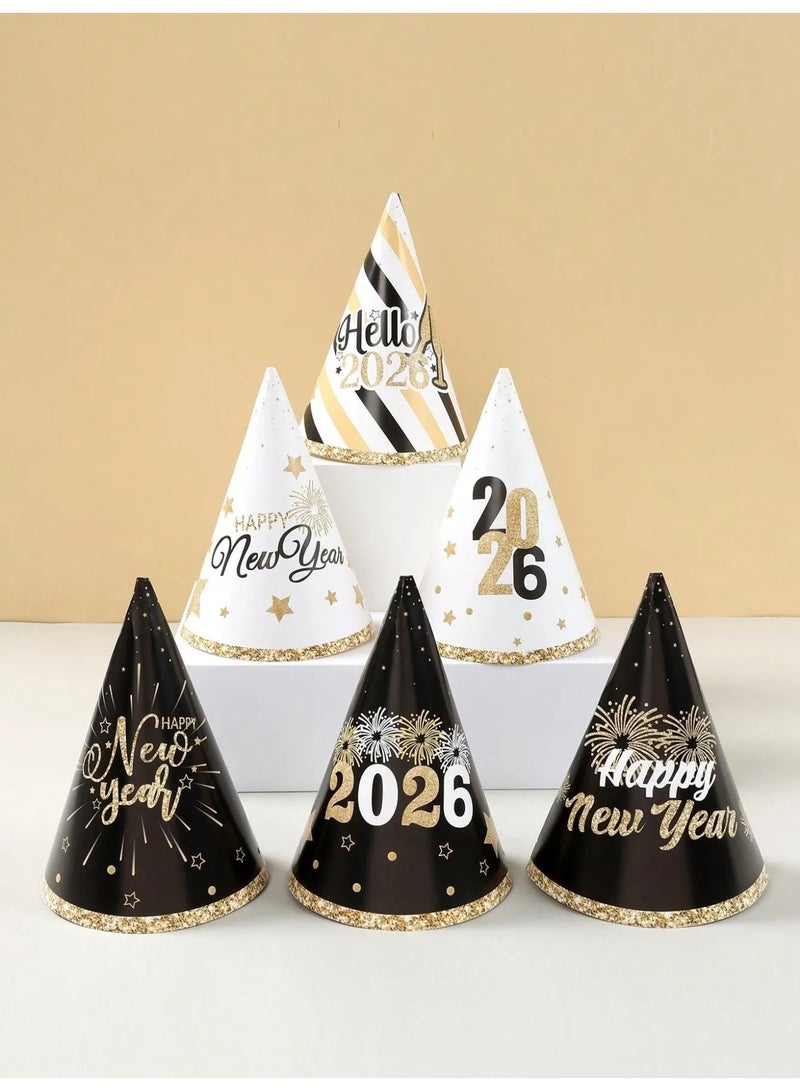 New Year Party Paper Hats – Set of 6 – Festive “Happy New Year 2026” Designs with Vibrant Prints, Perfect for Photos and New Year Celebrations - Image 1