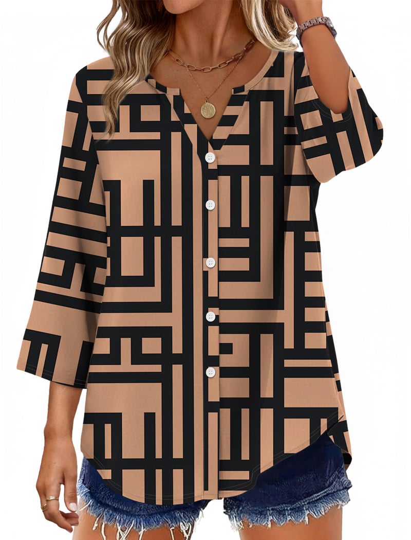 OFEEFAN Plus Size Clothes Summer Outfits 3/4 Length Sleeve Womens Tops Tunics Blouses Dressy Casual Button Down Shirts Brown Top 2XL - Image 1