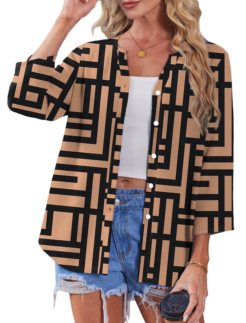 OFEEFAN Plus Size Clothes Summer Outfits 3/4 Length Sleeve Womens Tops Tunics Blouses Dressy Casual Button Down Shirts Brown Top 2XL - Image 4