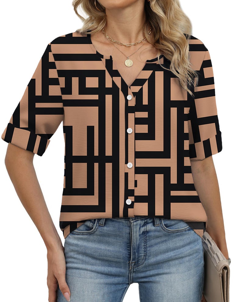 OFEEFAN Plus Size Clothes Summer Outfits 3/4 Length Sleeve Womens Tops Tunics Blouses Dressy Casual Button Down Shirts Brown Top 2XL - Image 2