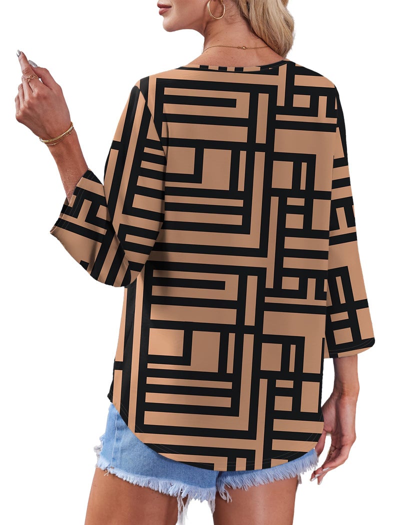 OFEEFAN Plus Size Clothes Summer Outfits 3/4 Length Sleeve Womens Tops Tunics Blouses Dressy Casual Button Down Shirts Brown Top 2XL - Image 5