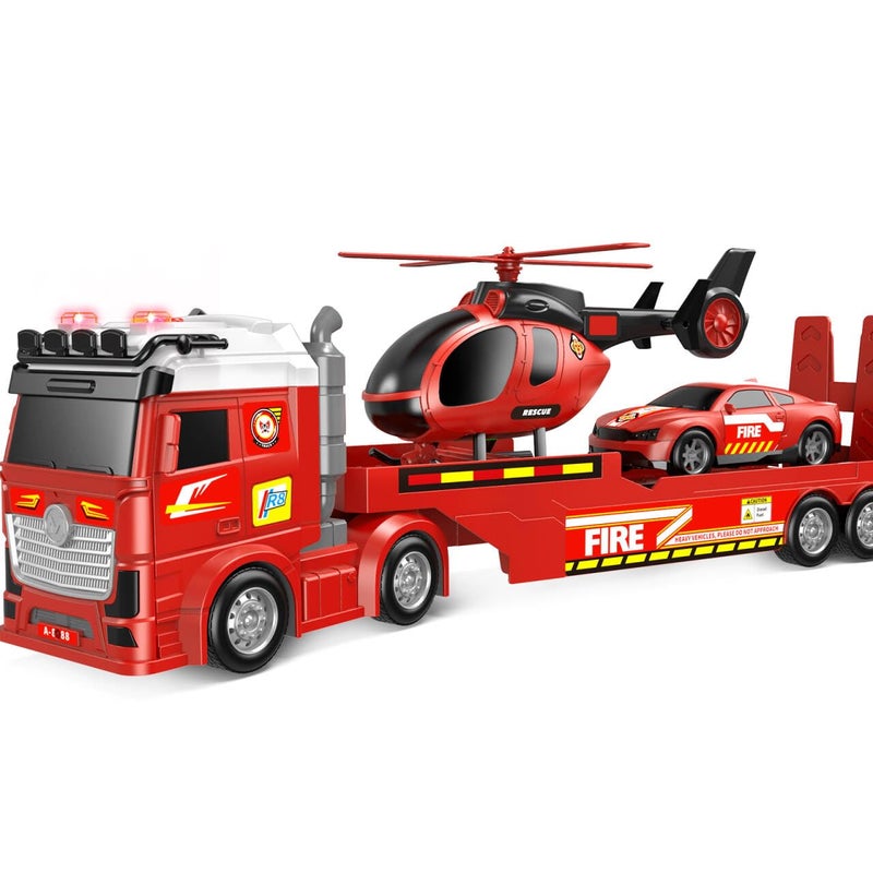 DWIRCTOYS Kids Toys for Ages 3 4 5 6 7 8 Years Old Boys 25 Large Fire Semi Truck with Helicopter Race Car Friction Powered Vehicle with Lights SoundsBirthday Gift for Boys Girls - Image 3