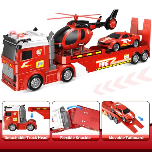 DWIRCTOYS Kids Toys for Ages 3 4 5 6 7 8 Years Old Boys 25 Large Fire Semi Truck with Helicopter Race Car Friction Powered Vehicle with Lights SoundsBirthday Gift for Boys Girls - Image 5