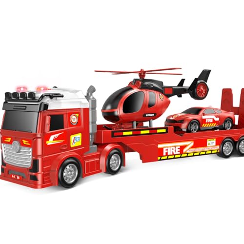 DWIRCTOYS Kids Toys for Ages 3 4 5 6 7 8 Years Old Boys 25 Large Fire Semi Truck with Helicopter Race Car Friction Powered Vehicle with Lights SoundsBirthday Gift for Boys Girls - Image 1