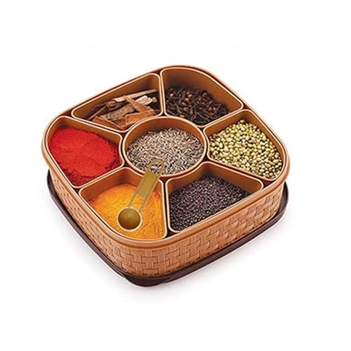 Sulfar Nixy Series Rangoli Box Dabba for Keeping Spices | Spice Box for Kitchen | Plastic Wooden Style Masala Container (Brown, Grey, Cream & Beige) - Image 1
