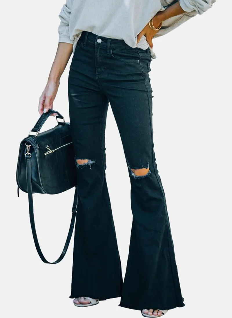 YUNIQEE Black Bootcut Slash Knee High-Rise Jeans