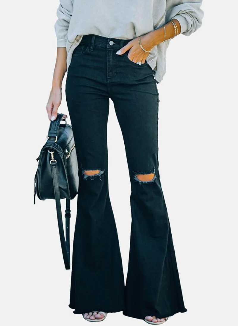 YUNIQEE Black Bootcut Slash Knee High-Rise Jeans