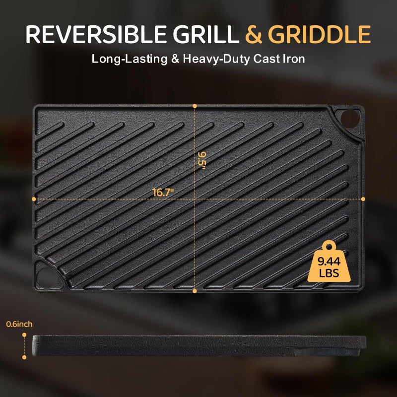 EWFEN Reversible Grill/Griddle, 16.7x9.5'' Pre-Seasoned Cast Iron Griddle Pan, Double Burner Cookware, Rectangular Non-Stick Stovetop Griddle with Handles, Flat Top Plate for Oven, Grill & Campfire - Image 2