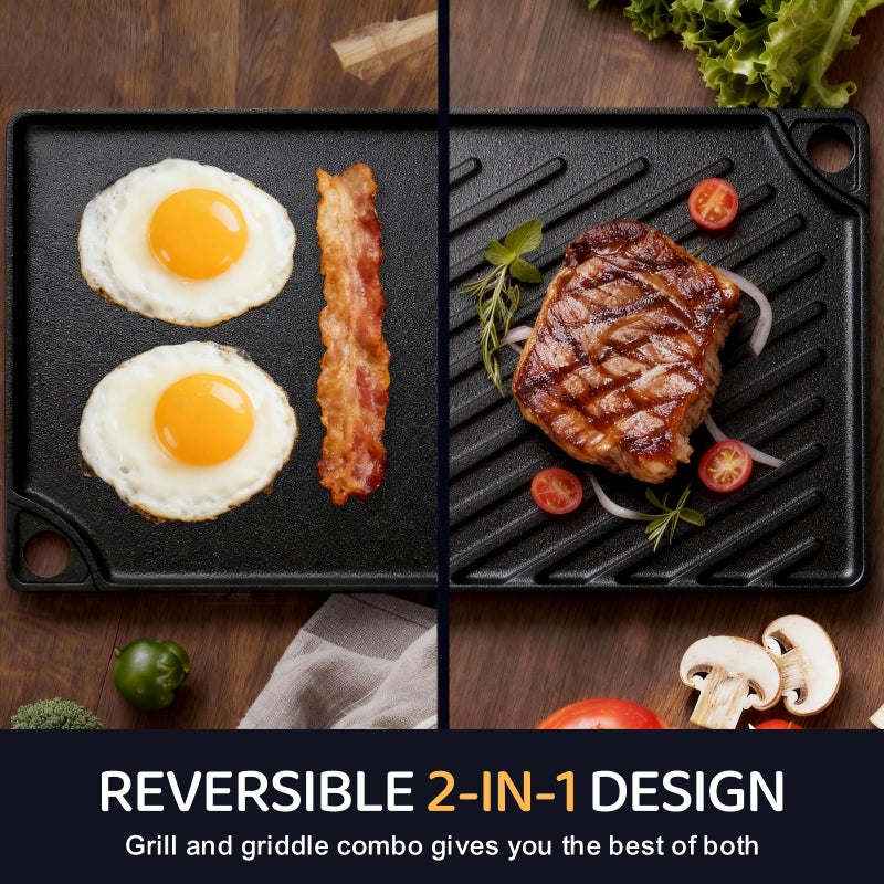 EWFEN Reversible Grill/Griddle, 16.7x9.5'' Pre-Seasoned Cast Iron Griddle Pan, Double Burner Cookware, Rectangular Non-Stick Stovetop Griddle with Handles, Flat Top Plate for Oven, Grill & Campfire - Image 5