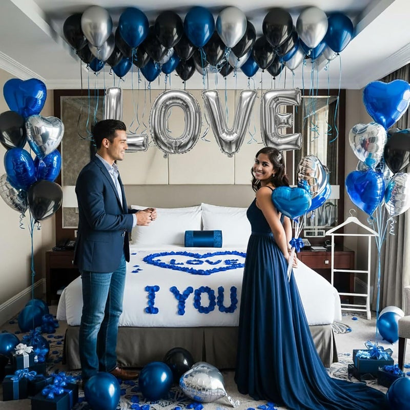 froufing I Love You for Him/Her Decaoraion Navy Blue Silver and Black balloon With Heart Balloons 500pcs Blue Artificial Rose Petals Romantic Decoration Kit Perfect for Anniversaries Proposals - Image 2