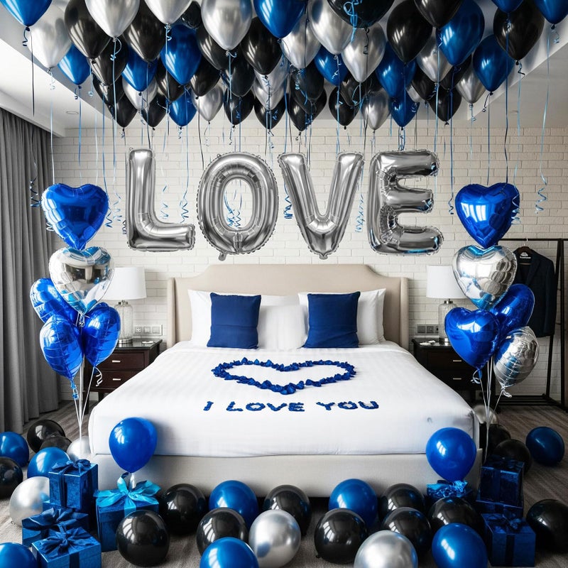 froufing I Love You for Him/Her Decaoraion Navy Blue Silver and Black balloon With Heart Balloons 500pcs Blue Artificial Rose Petals Romantic Decoration Kit Perfect for Anniversaries Proposals - Image 1