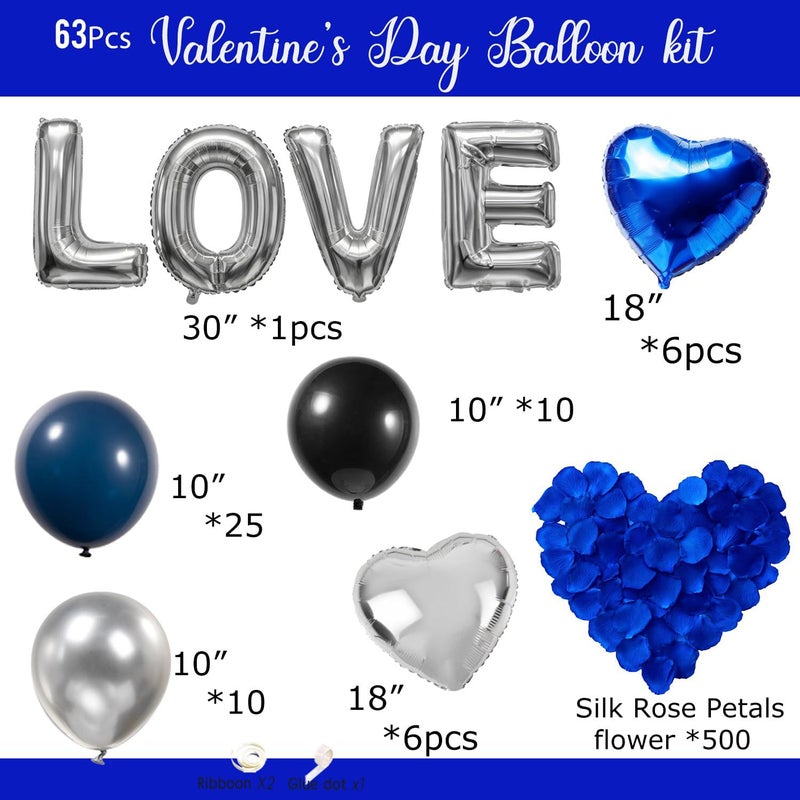 froufing I Love You for Him/Her Decaoraion Navy Blue Silver and Black balloon With Heart Balloons 500pcs Blue Artificial Rose Petals Romantic Decoration Kit Perfect for Anniversaries Proposals - Image 3