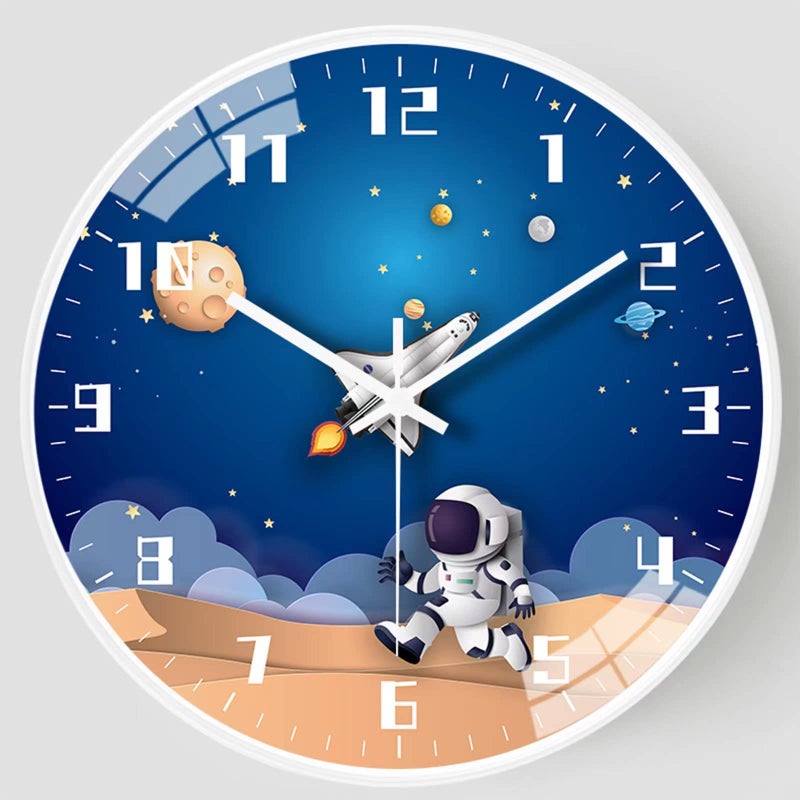 QINFIEY 12 Inch Silent Movement Kids Wall Clock Non Ticking Children Round Wall Clock Battery Operated Space Travel Style Decor Children Clock for Home School Boys Bedroom Living Room White - Image 2