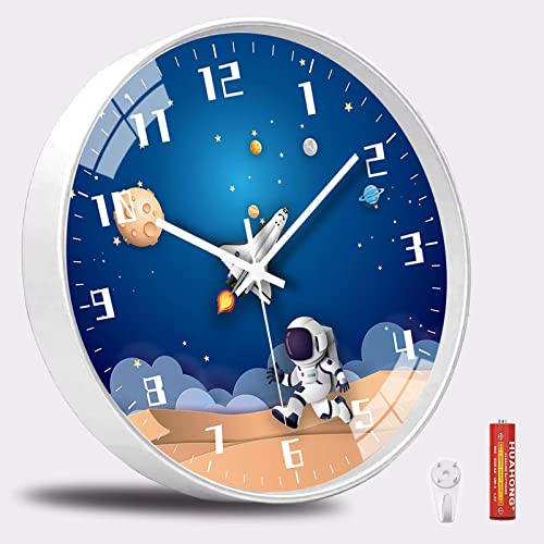 QINFIEY 12 Inch Silent Movement Kids Wall Clock Non Ticking Children Round Wall Clock Battery Operated Space Travel Style Decor Children Clock for Home School Boys Bedroom Living Room White - Image 3