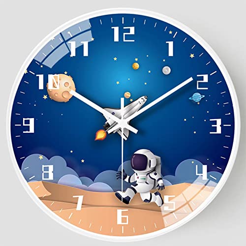 QINFIEY 12 Inch Silent Movement Kids Wall Clock Non Ticking Children Round Wall Clock Battery Operated Space Travel Style Decor Children Clock for Home School Boys Bedroom Living Room White - Image 1