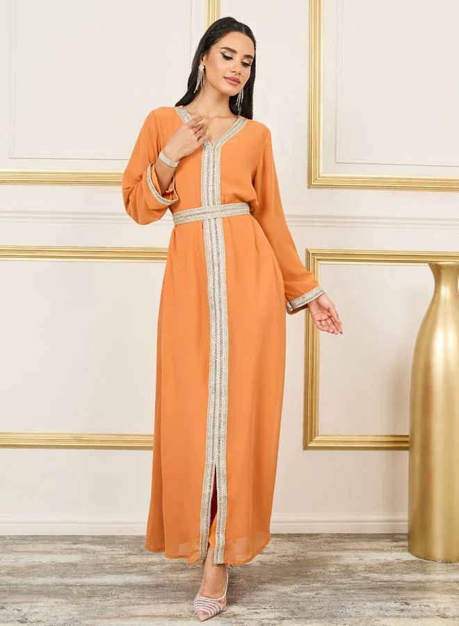 Styli Embroidered Lace Rhinestone Detail Kaftan