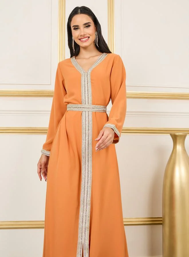 Styli Embroidered Lace Rhinestone Detail Kaftan