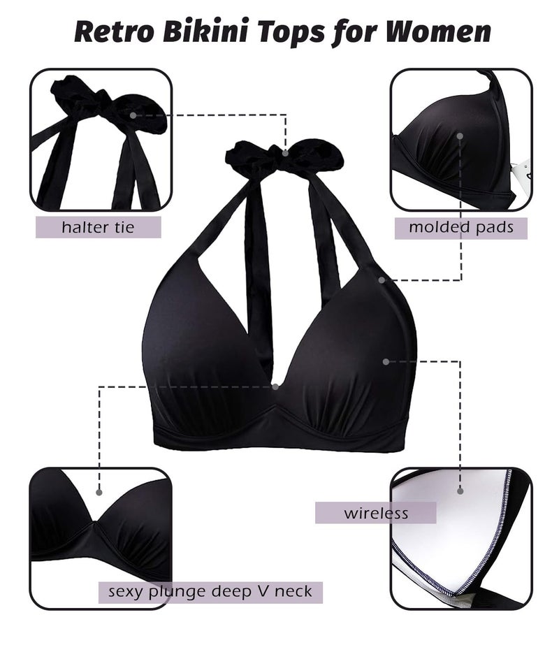 Balasami Women's Vintage 50s Halter Neck Tie Knot Back Soft Molded Padding Bikini Top Swimsuit Bathing Suit Tops Only Black - Image 3