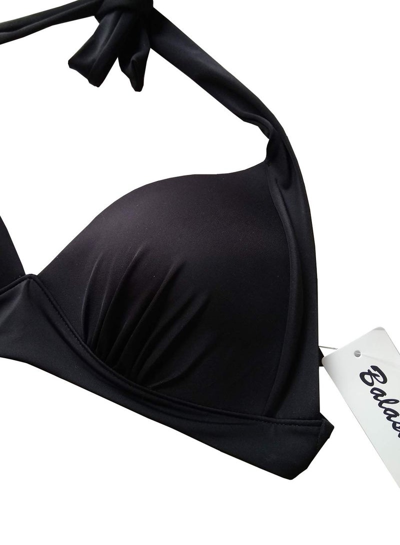 Balasami Women's Vintage 50s Halter Neck Tie Knot Back Soft Molded Padding Bikini Top Swimsuit Bathing Suit Tops Only Black - Image 2