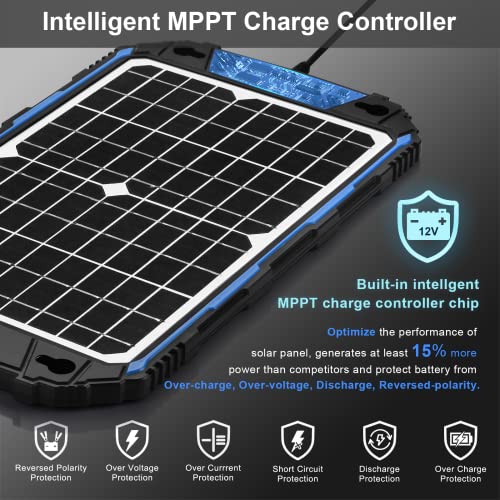 SUNER POWER Waterproof 12W 12V Solar Battery Charger & Maintainer Pro, Built-in UltraSmart MPPT Charge Controller, 12 Volt Solar Panel Trickle Charging Kits for Car Automotive Boat Marine RV Trailer - Image 2