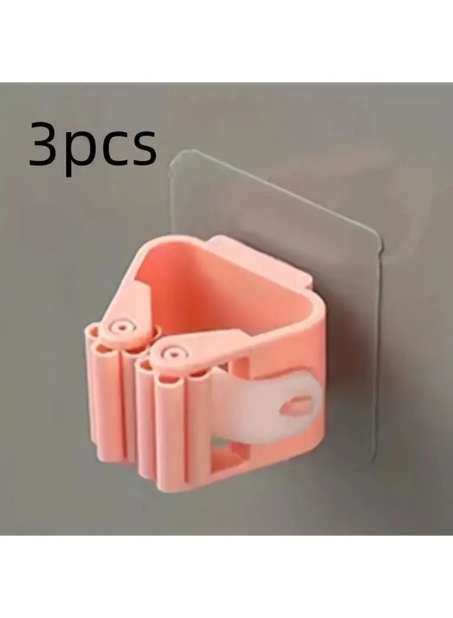 Pink 3pcs Self Adhesive Mop Broom Holder Wall Hanger Detachable Waterproof Non Slip Utility Hooks - Image 1