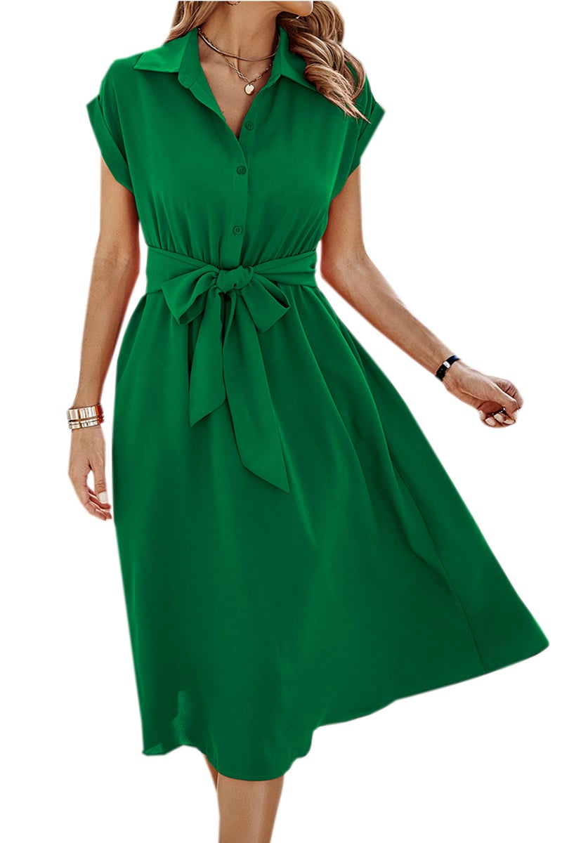 ECOWISH Womens Casual Midi Dresses Solid V Neck Short Sleeve Shirt Dress with Pockets for Spring Summer 2024 Green XL - Image 4