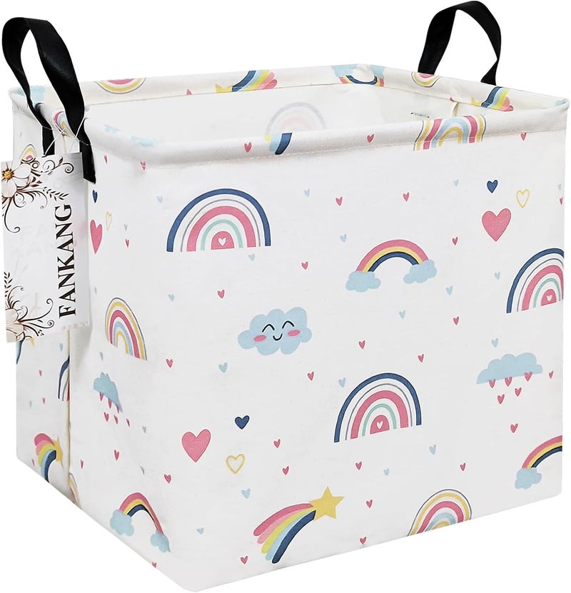 FANKANG Square Nursery Hamper Storage Bins Canvas Laundry Basket Foldable with Waterproof PE Coating Storage Baskets Gift Baskets for Children, Office, Bedroom, Clothes（Square-Love Rainbow ） - Image 1