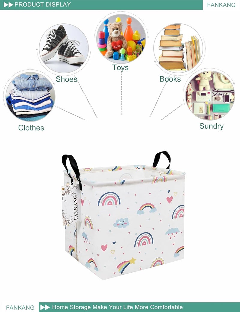 FANKANG Square Nursery Hamper Storage Bins Canvas Laundry Basket Foldable with Waterproof PE Coating Storage Baskets Gift Baskets for Children, Office, Bedroom, Clothes（Square-Love Rainbow ） - Image 3