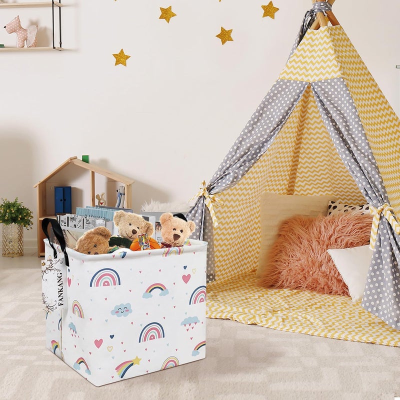 FANKANG Square Nursery Hamper Storage Bins Canvas Laundry Basket Foldable with Waterproof PE Coating Storage Baskets Gift Baskets for Children, Office, Bedroom, Clothes（Square-Love Rainbow ） - Image 4