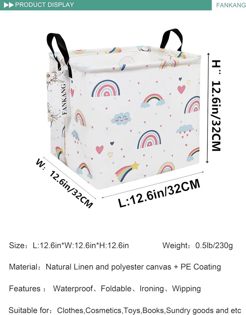 FANKANG Square Nursery Hamper Storage Bins Canvas Laundry Basket Foldable with Waterproof PE Coating Storage Baskets Gift Baskets for Children, Office, Bedroom, Clothes（Square-Love Rainbow ） - Image 2