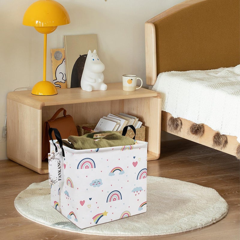 FANKANG Square Nursery Hamper Storage Bins Canvas Laundry Basket Foldable with Waterproof PE Coating Storage Baskets Gift Baskets for Children, Office, Bedroom, Clothes（Square-Love Rainbow ） - Image 5