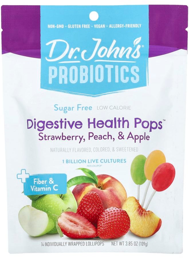 Dr. John's Healthy Sweets - Probiotics Digestive Health Pops + Fiber & Vitamin C Strawberry Peach & Apple Sugar Free 1 Billion 14 Individually Wrapped Lollipops 3.85 oz (109 g) - Image 1