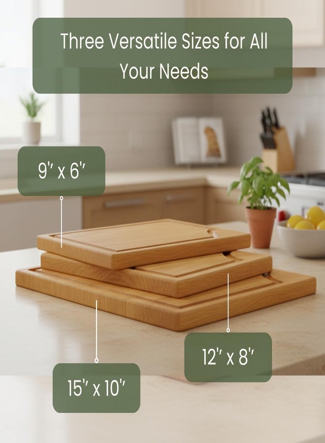 Store Indya 3-Piece Wooden Cutting Board Set with Juice Grooves, Acacia Wood Chopping Boards for Kitchen Prep and Charcuterie Serving, Eco Friendly Multi Size Cutting Boards with Built-in Handles (Natural) - Image 2