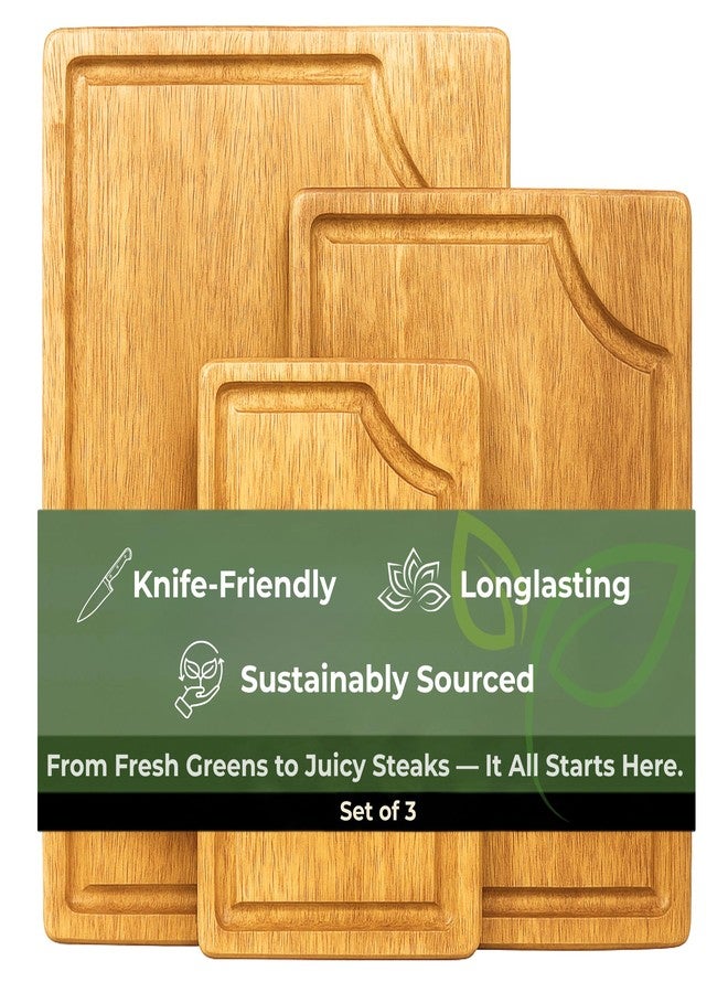 Store Indya 3-Piece Wooden Cutting Board Set with Juice Grooves, Acacia Wood Chopping Boards for Kitchen Prep and Charcuterie Serving, Eco Friendly Multi Size Cutting Boards with Built-in Handles (Natural) - Image 1