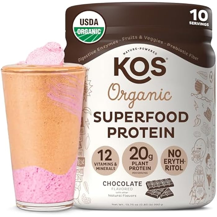 KOS Vegan Protein Powder, Chocolate USDA Organic - Low Carb Pea Protein Blend, Plant Based Superfood with Vitamins & Minerals - Keto, Soy, Gluten Free - Meal Replacement for Women & Men - 10 Servings - Image 1