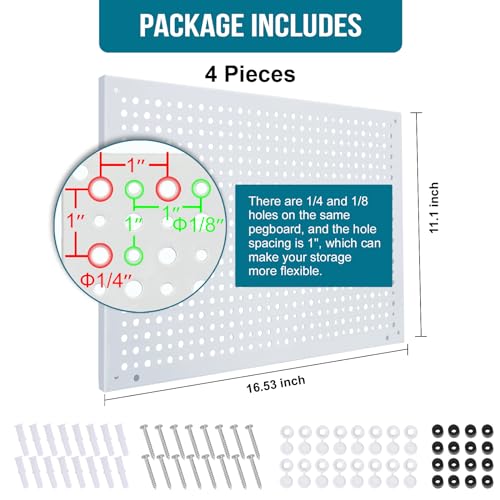 Daanxw Peg Board, Heavy Duty Steel Organization Panels, Universal 1/8 and 1/4 Peg Board Accessories, Ideal for Garage Tool Storage, Pack of 4(White, 16X10.5) - Image 2