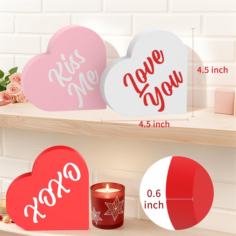 OLANRUN Valentines Day Decorations, 3 PCS Double Printed Wooden Conversation Hearts Decoration, Romantic Valentines Day Decor for Indoor Home Office Table Tiered Tray Mantel Shelf Bedroom - Image 3
