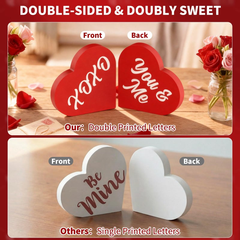 OLANRUN Valentines Day Decorations, 3 PCS Double Printed Wooden Conversation Hearts Decoration, Romantic Valentines Day Decor for Indoor Home Office Table Tiered Tray Mantel Shelf Bedroom - Image 4