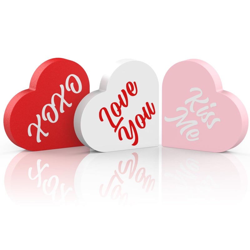 OLANRUN Valentines Day Decorations, 3 PCS Double Printed Wooden Conversation Hearts Decoration, Romantic Valentines Day Decor for Indoor Home Office Table Tiered Tray Mantel Shelf Bedroom - Image 1