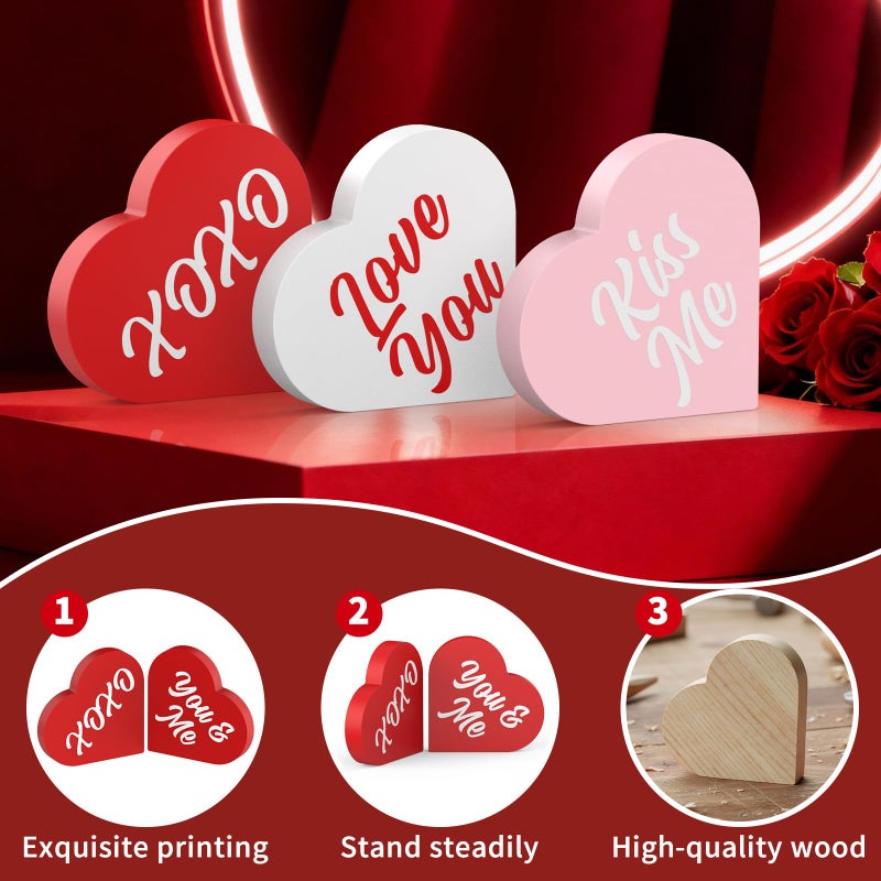 OLANRUN Valentines Day Decorations, 3 PCS Double Printed Wooden Conversation Hearts Decoration, Romantic Valentines Day Decor for Indoor Home Office Table Tiered Tray Mantel Shelf Bedroom - Image 2