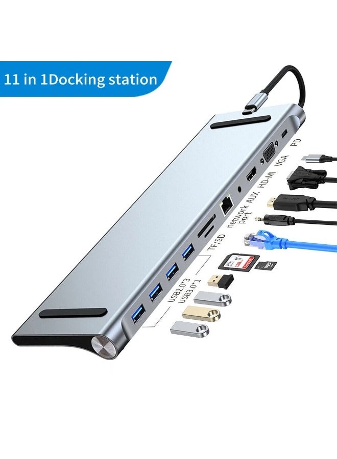 11-in-1 USB-C Hub Docking Station – Multiport Adapter with 4K HDMI 60Hz, VGA, RJ45 Ethernet, PD 100W, 3 USB 3.0, TF/SD Card Reader, Audio Port – Compatible with Laptop, MacBook, Windows, Type-C Devices